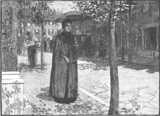 Woman in long cloak holding an open parasol above her