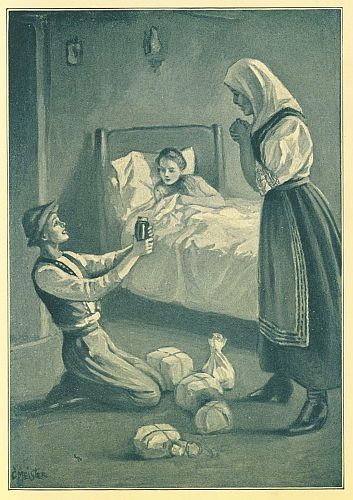 Boy on floor holding something up to his woman with girl in bed beside him