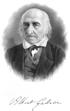 Portrait of the aged Albert Gallatin with signature