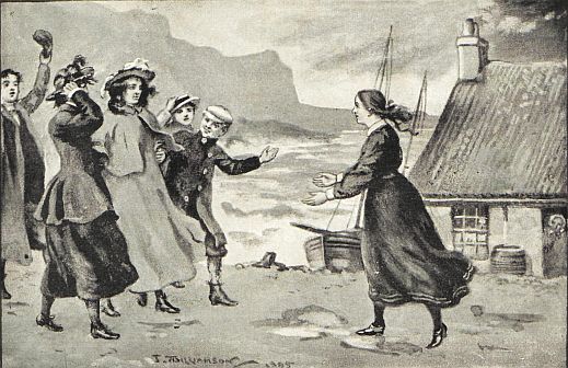 Girls by cottage at shore