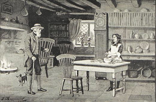 Girl working at kitchen table, older man standing with cane nearby
