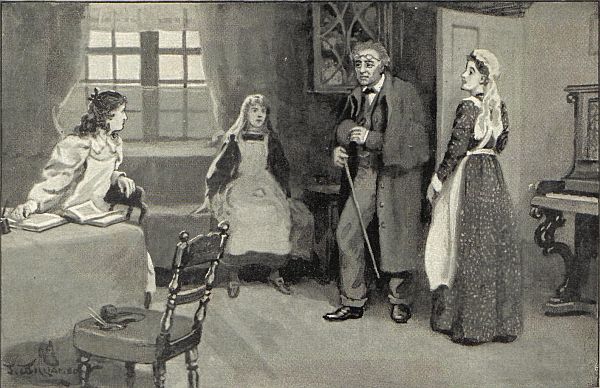 Man entering room where maid and two girls are