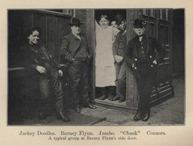 Jackey Doodles. Barney Flynn. Jumbo. "Chuck" Connors. A typical group at Barney Flynn's side door.