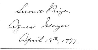 Handwritten dedication: Second Prize. Agnes Meyer. April 18, 1897.
