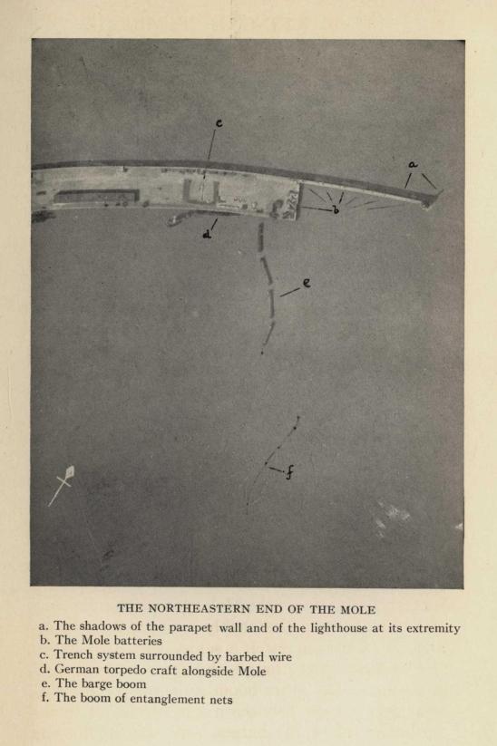 THE NORTHEASTERN END OF THE MOLE   a. The shadows of the parapet wall and of the lighthouse      at its extremity   b. The Mole batteries   c. Trench system surrounded by barbed wire   d. German torpedo craft alongside Mole   e. The barge boom   f. The boom of entanglement nets
