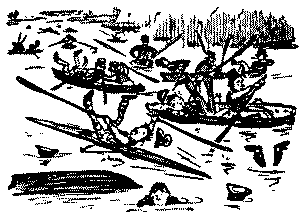 Rowers and capsized  boat