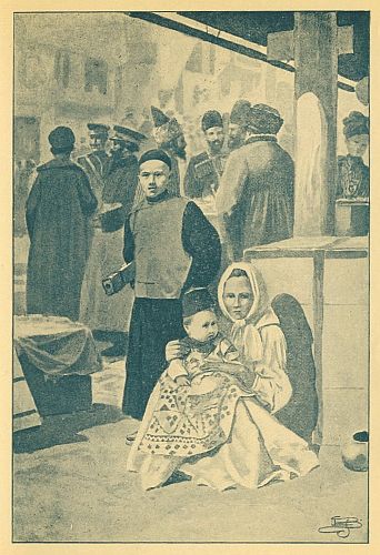 woman sitting on ground holding baby, people behind her