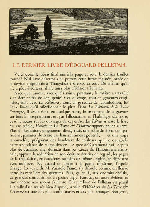 PAGE PRINTED IN “GARAMOND” TYPE (ENGRAVED FOR FRANÇOIS
I), WITH WOODCUT BY PAUL EMILE COLIN, LENT BY MONS. R. HELLEU