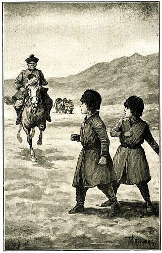 Man on horseback approaching two boys