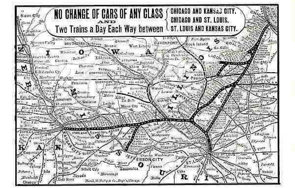 NO CHANGE OF CARS OF ANY CLASS AND Two Trains a Day Each Way between
  {CHICAGO AND KANSAS CITY. {CHICAGO AND ST. LOUIS. {ST. LOUIS AND KANSAS CITY.