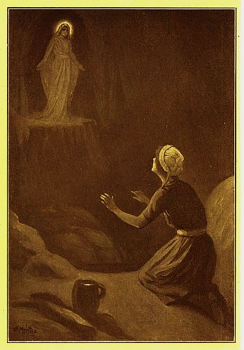 Girl kneeling below a madonna