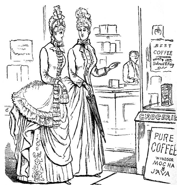 Two women shopping in very elaborate dresses