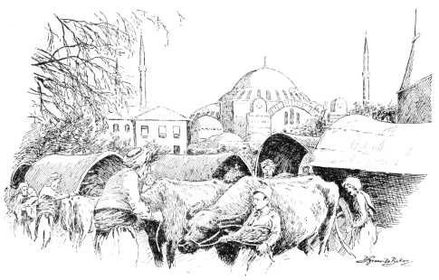 The Mosque of St. Sophia

Refugees from Thrace, seeking shelter in the courtyard of the Mosque of
Achmet. In the background the Mosque of St. Sophia.
