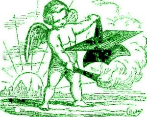 ***Image: Flyleaf drawing of cherub burning mortar-board/academical cap, Oxford spires in background, similar to that (all in green) in the 1857 edition***