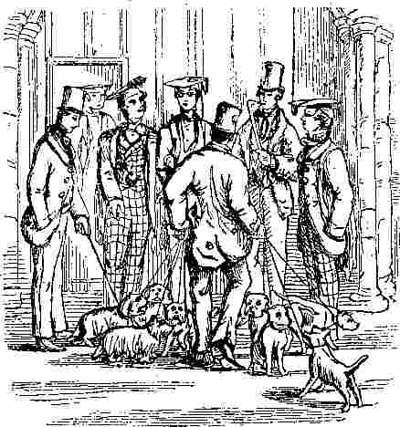***Image: 'Filthy Lucre' and his dogs with undergraduates***