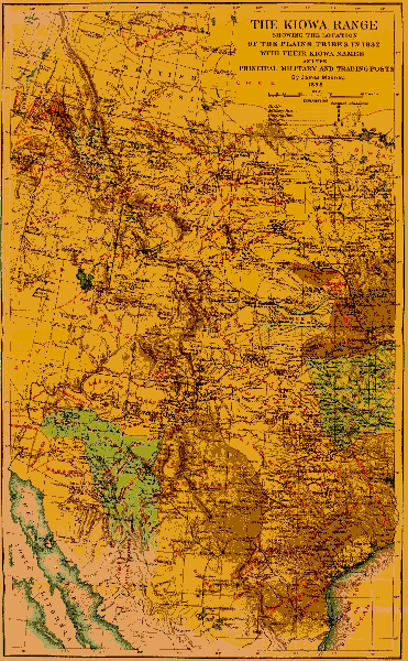 THE KIOWA RANGE SHOWING THE LOCATION OF THE PLAINS TRIBES IN 1832.
