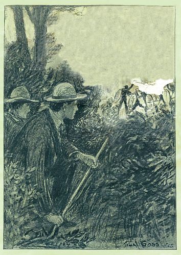 two men in brush looking at Zulu in disance