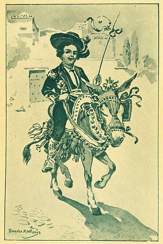 Boy in dressy costume riding highly decorated donkey
