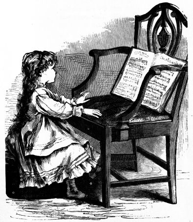 Little girl playing an imaginary piano using a chair