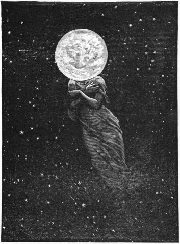 woman wiht a moon head in the starry sky