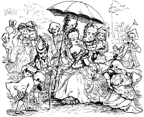 woman under parasol surrounded by admirers