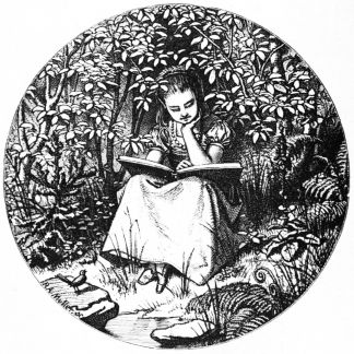 girl reading book in woods