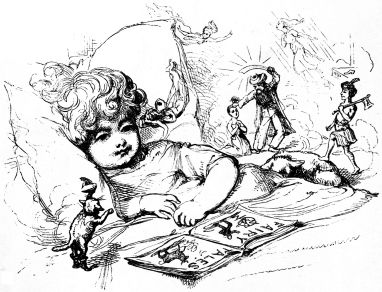 child reading fairy book in bed with characters wandering around bed