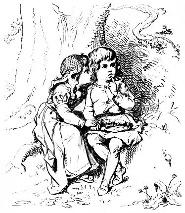 two children in forest by tree