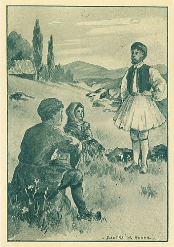 soldier standing before man and boy