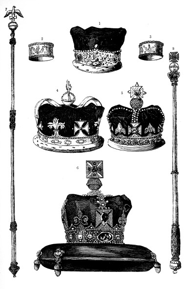 1. Queen’s Diadem. 2 and 3. Queen’s Coronation Bracelets.
4. Prince of Wales’s Crown. 5. Old Imperial Crown. 6. Queen’s Crown. 7.
Spiritual Sceptre. 8. Temporal Sceptre.