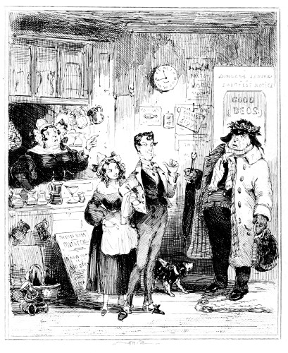 FRONTISPIECE.
The Man with the Carpet Bag.

“In an instant the smile of the hostess turned to a frown, and, without
further explanation, she exclaimed, looking over the bar at the same
time at my unfortunate carpet-bag, ‘No, sir; we have no room; it won’t
do here’.”