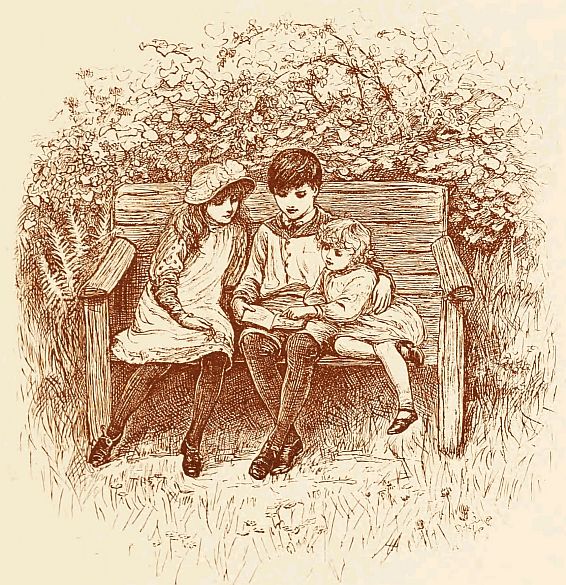 three children sitting on bench looking at book