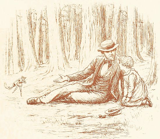 Man and child sittin gon ground in forest, man pionting out fairy
