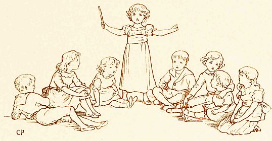 One girl conducting a group of children in song