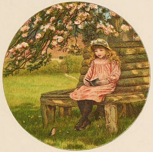 girl seated on bench around a tree, reading