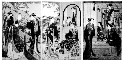 KIYONAGA: YOSHITSUNE SERENADING THE LADY JORURIHIME.