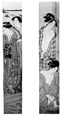 SHUNCHO: TWO LADIES IN A BOAT ON THE SUMIDA RIVER.
YEISHO: TWO COURTESANS AFTER THE BATH.