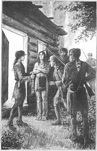 Indian and woodsmen at door of cabin