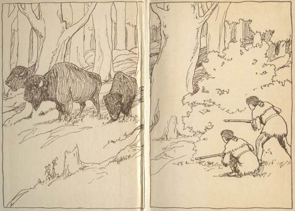 end papers: two men in buckskins hunting buffalo in forest