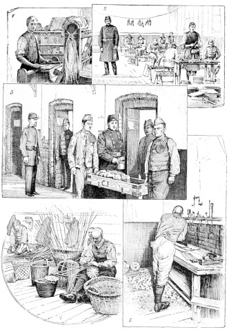 CONVICTS AT WORK.

1. Mat-making.
2. Boot-making.
3. Serving Dinner.
4. Basket-weaving.
5. Carpentry in Cell.

Photos: W. H. Grove, Brompton Road, S.W.