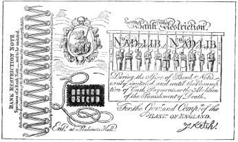 IMITATION BANKNOTE ETCHED BY GEORGE CRUIKSHANK IN 1818,
SATIRISING THE INFLICTION OF CAPITAL PUNISHMENT FOR FORGERY.