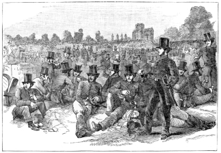 THE POLICE FORCE ON BONNER’S FIELDS DURING THE CHARTIST
DISTURBANCES IN 1848.

(From an Engraving in “The Illustrated London News.”)
