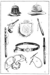 EQUIPMENTS OF THE NEW YORK POLICE.

1. Winter Helmet.
2. Summer Hat.
3. Revolver.
4. Shield.
5. Day Stick.
6. Rosewood Baton for Parade.
7. Belt and Frog.
8. Night Stick.
9. Handcuffs (new style).
10. Nippers.