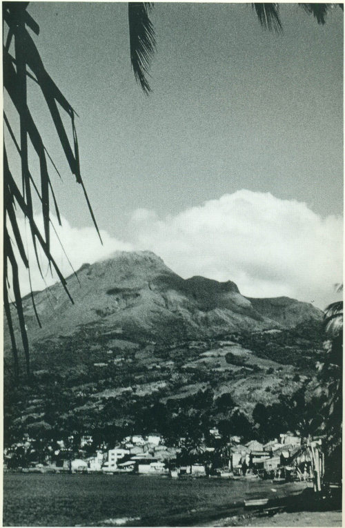 The port city of St. Pierre on the island of Martinique; Mont Pelée is in the background. In 1902, this city was entirely destroyed by pyroclastic flows; about 30,000 people died.