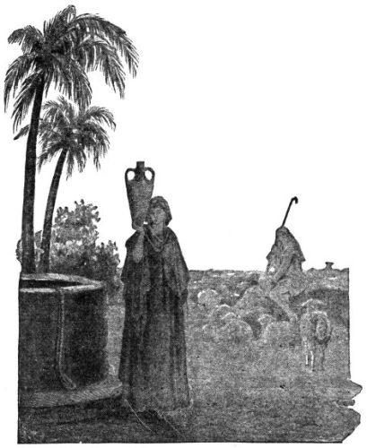 Rachel at the well, shepherd in background