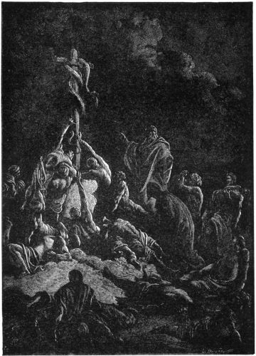 Moses holding up serpent on stick