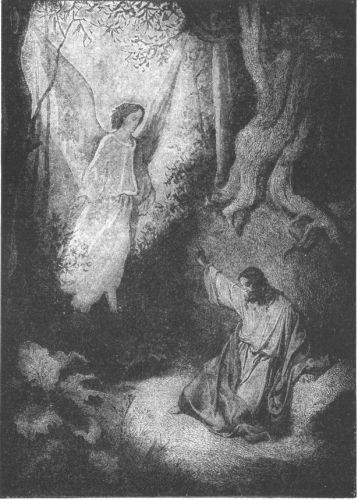 Jesus praying with an angel watching