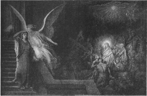Angel talking to Pilate's wife, Jesus in backtround in crowd