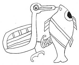 Fig. 59. Bird carrying a fish outlined on shallow
    plaque found in Mound No. 17.