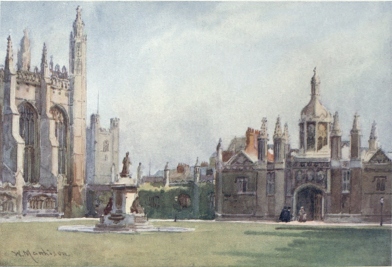 KING’S COLLEGE CHAPEL AND THE ENTRANCE COURT, FROM THE FELLOWS’
BUILDINGS

A portion of the Chapel is seen on the left of the picture with Great
St. Mary’s tower in the distance. The Screen and Gate are on the
right.